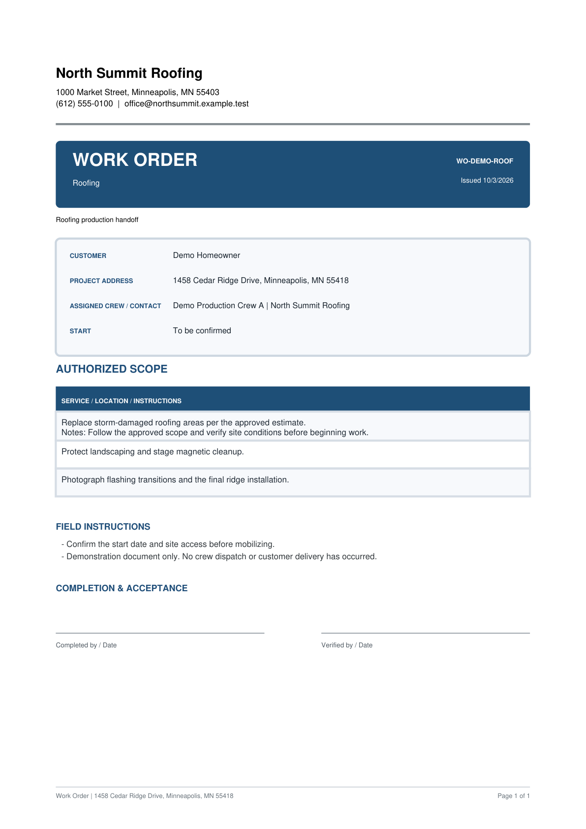 Work order PDF preview for the automation engine phase.